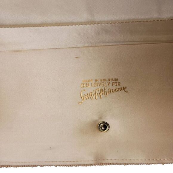Vintage Formal Beaded Clutch Saks Fifth Avenue Neutral Satin Cocktail Bag - Picture 12 of 13